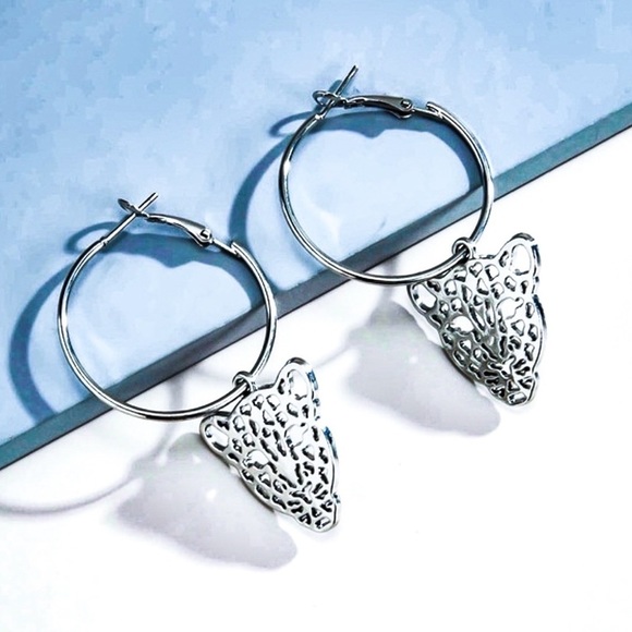 Any 3/$25! Silver Hoops w/Laser Cut Tiger Pendant Earrings - Picture 2 of 7